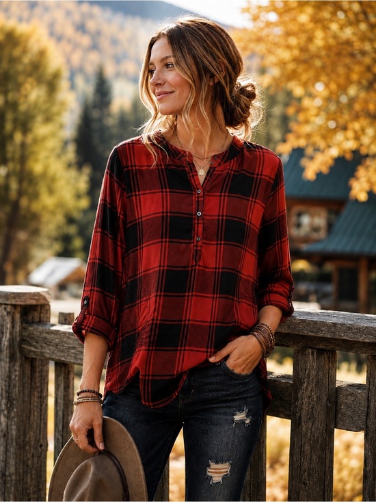 Eddie Bauer Tops - Eddie Bauer Red Black Plaid Viscose Popover Blouse Roll Tab Sleeve Size Small